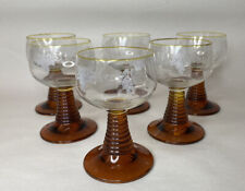 VTG Wine Glasses Rhine Roemer Amber Yellow Beehive Stem Etched Set Of 6 picture
