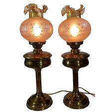 Antique Hurricane Oil Lamps Converted Electric Iridescent Fenton Amber Shades picture