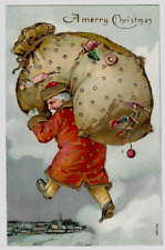 Santa Claus with Giant Sack Full of Toys~Antique Christmas Postcard~h850 picture