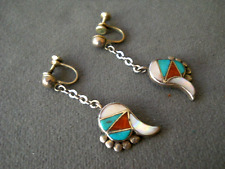 OLD Native American Multi-Stone Mosaic Inlay Sterling Silver Screw Back Earrings picture