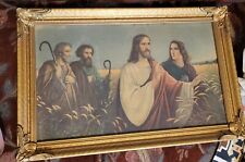 Vtg Jesus Mary Disciples in Wheat Field Ornate  Wood Gold Floral Frame 23 X 15 picture
