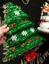 Vtg 3D Tinsel Plaque XMAS TREE Wall Hanging GREEN RED Ornaments Plastic Snow 1 picture