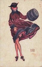 Rare Fashion Illustration Signed Georges Leonnec Gusts of Wind Vintage Postcard picture