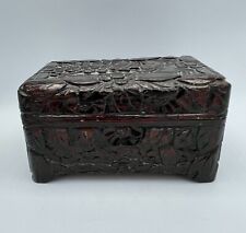 Vintage Hand Carved Wood Box with Carved Flowers and Bird Red Lining picture