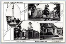 Old Vintage Outdoor Postcard Monument School Church Library Shelbyville Illinois picture