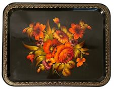 Vintage Russia Tole Metal Tray Floral Yellow Orange Black Zhostovo Artist Signed picture
