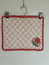 4 Vintage Hand Quilted, Embroidered Red & White Place Mats, 14 X 11.5 picture
