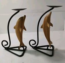 Hand Carved Wood Dolphin Metal candle stand Set Of 2 picture