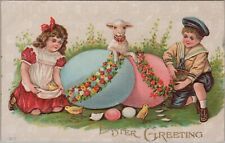 Easter Greeting Chicks Eggs Floral Wreath Lamb Kids 1910 embossed postcard G707 picture
