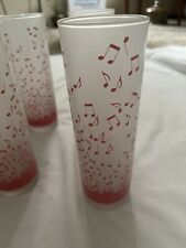 Vtg Frosted 4 Pink Floating Music Notes High Ball Glasses Barware MCM picture