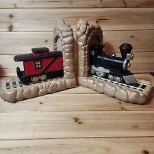VINTAGE TRAIN BOOKENDS CERAMIC 3D HAND PAINTED RETRO LARGE * picture