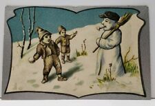 Unique Snowman Mans Face Children with Snowballs Silvertone Embossed Postcard G2 picture