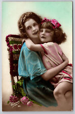 Vintage C1930 Tinted Postcard Loving Mother & Daughter Hug, Corona Paris Photo picture