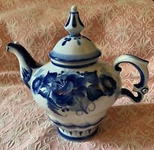 Vintage Russian Gzhel Porcelain Teapot Hand Made & Painted Cobalt Blue White EXC picture