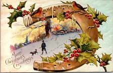 Merry Christmas Greetings Embossed Holly Hunting Birds 1912 Antique Postcard picture