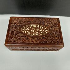 VTG Hand Carved India SHEESHAM WOOD Trinket JEWELRY Hinged BOX Floral Inlay 8x5