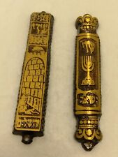 Vintage Brass Menorah Mezuzah Case  Set Of (2) Israel 1950's Judaica  picture