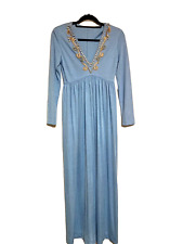 VTG HIPPIE Fabulous 70s Shimmer Powder Blue Art Beaded Long Slv Maxi Dress S-M picture