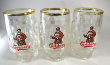Carlsberg Glass Thumbprint Beer Mugs THREE (3) w Gold Rim Denmark Vintage Steins picture