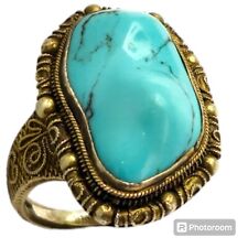 Important Chinese Export Sterling Silver Filigree Turquoise Nugget Ringsz9 picture