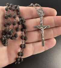 Vintage Sterling Silver Inri Rosary Black Lava Rock Beads Fine Religious picture