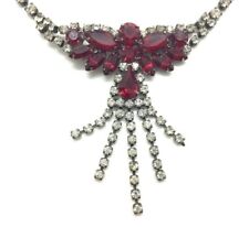 Silver Tone Phoenix Form Costume Necklace w/ Red & White Rhinestones 18.5” Long picture