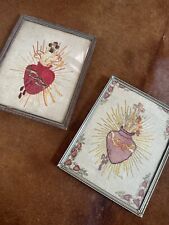 Antique Sacred Heart Embroidery Lot Of 2 picture