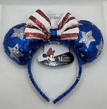 Disney Minnie Mouse Red White Blue Silver Star Sequin Ears 4th Of July Headband picture