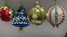 4 Vintage Satin Push Pin Beaded Handmade Christmas Ornaments MCM Bell Pearl Ball picture