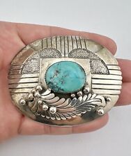 Vtg Navajo Sterling Silver Bisbee Turquoise Stamped Feather Flower Belt Buckle picture