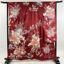 63.8inc Japanese Kimono SILK FURISODE Chrysanthemum Flowers Dark red picture