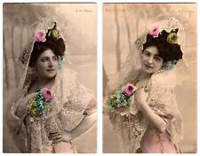 1920's RPPC S/2 PEPITA SEVILLA SPANISH ACTRESS HANDCOLORED LACE DRESS POSTCARDS picture