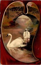VINTAGE POSTCARD PAIR OF SWANS ON A HEART-SHAPED LAKE UNDER BRIDGE EMBOSS c 1910 picture