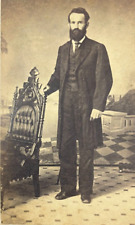 ANTIQUE CDV PHOTO RESPECTABLE MAN FULL BEARD LONG COAT STANDING CINCINNATI OHIO picture