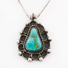 NATIVE AMERICAN STERLING TURQUOISE SCALLOPED BEZEL ROPE PENDANT NECKLACE 19