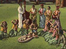 Vintage Linen Postcard Hula Maids and Poi Pounder Singing Dancing Grass Skirt picture