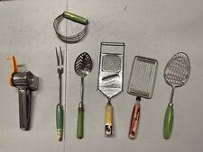 Lot Of 7 Vintage Red, Green Wooden Handles Kitchen Utensils Ekco, A&J, Farmhouse picture