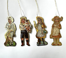 4 Vtg Reproduction Victorian Boys & Girls Christmas Ornaments Die Cut Gold Edge picture