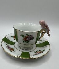 Vintage Rare Tea Cup & Saucer Bone China/Japan Pink Parrot Handle/Stripes Green picture