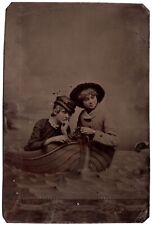 C. 1880s 1/6TH PLATE TINTYPE TWO GORGEOUS YOUNG LADIES IN ROW BOAT GAY INTEREST picture