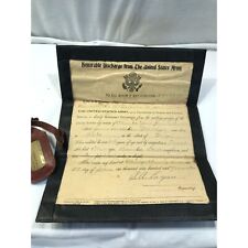 Vintage WW1 US Army, 1919 Honorable Discharge paperwork in folder w luggage tag picture