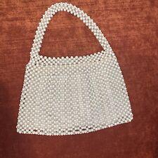 Vintage 1950s Beaded Handbag, Pearl White Ribbed Front Silver Zipper Closure picture