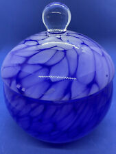 Alegia Polish Hand Blown Art Glass Blue/ White  puff box/powder jar / Dish picture