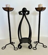 Vintage Hand Forged Twisted Wrought Iron Candle Holders Copper Tops Set of 2 picture