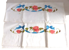 2 Vintage Pillow Cases Hand Painted Roses Ribbon Standard Size Grace Kelly picture