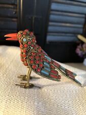 ANTIQUE BIRD TIBETAN FIGURINE BRASS JEWELED TURQUOISE CORAL SEED BEADS 1930s picture