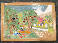 Vintage Chalkware Wall Hanging Art Apple Orchard Colonial Family Picking picture