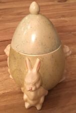 Vintage Rare 1965 Easter Hand Painted Rabbits Holding Egg Ceramic Container 8.5” picture