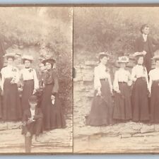 c1890s Lovely Group Portrait Outdoors Rock Wall Stereo Real Photo Women Men V26 picture