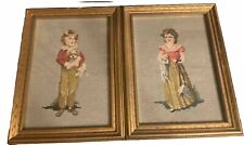 Victorian Antique Needlepoint Pair  Boy And Girl Framed Under Glass 16” X 12” picture
